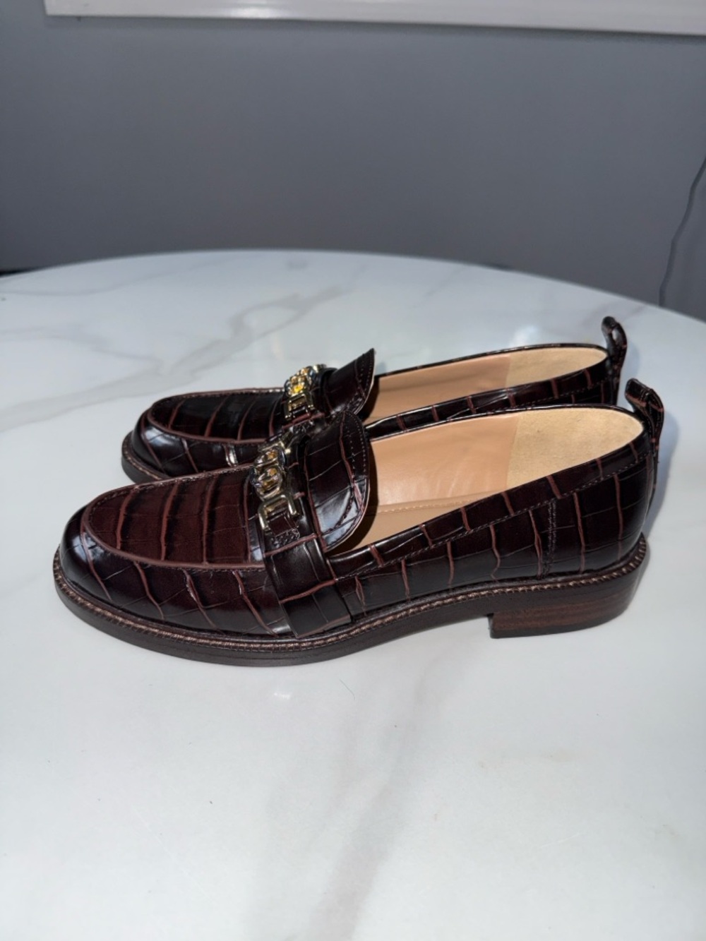 Sam Edelman Dark Brown Croc-Embossed Leather Loafers with Gold Hardware - Picture 2 of 8